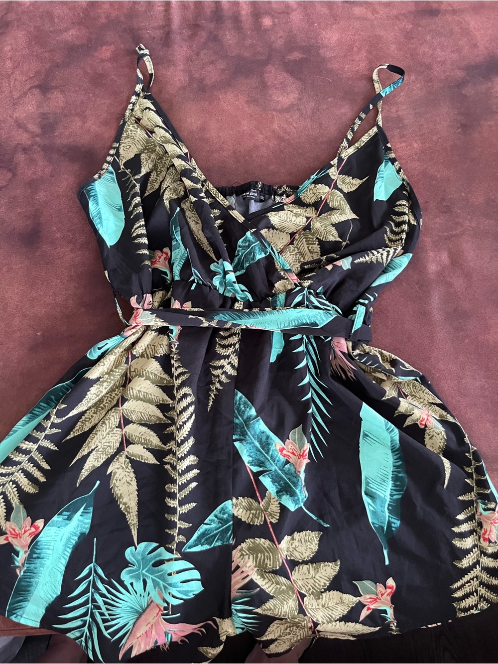 SHEIN Black Tropical Print Romper with Teal & Olive Leaves